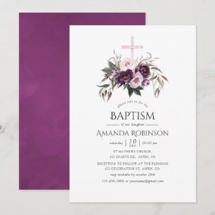 Invitación Bautismo o bautizo floral de terciopelo profundo
