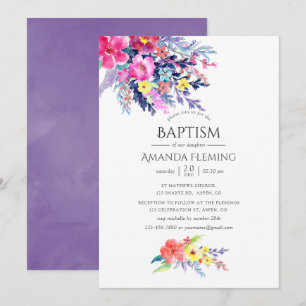 Invitación Bautismo o bautizo floral en acuarela colorida