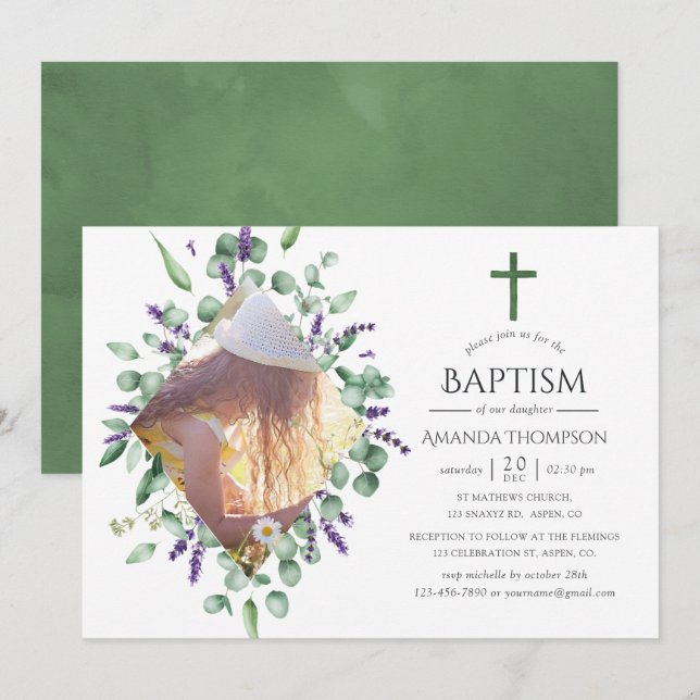 Invitación Bautismo o cristianismo de Eucalyptus Lavender (Anverso / Reverso)