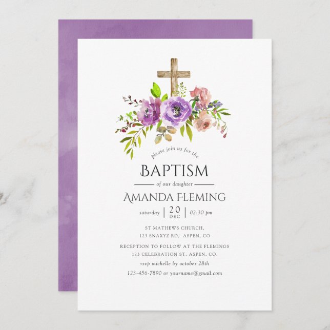 Invitación Bautismo o cristianismo floral de primavera (Anverso / Reverso)