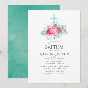Invitación Bautismo o presentación floral rosa y menta