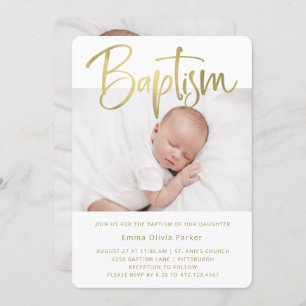 Invitación Bautismo  Oro mínimo simple con dos fotos