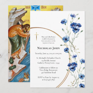 Invitación Bautismo Ortodoxo de Flores de Vid Azul Acuarela 
