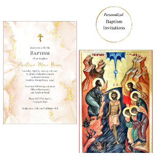 Invitación Bautismo ortodoxo de melocotón y oro