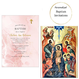 Invitación Bautismo ortodoxo rosado y Purpurina de oro