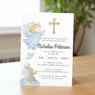 Invitación Bautismo Para Él Ángeles y Cruz de Acuarela