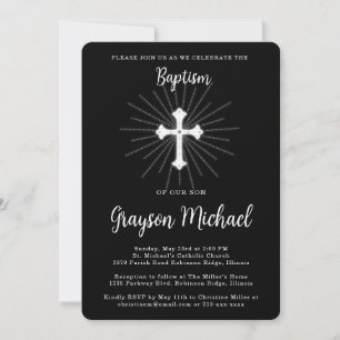 Invitación Bautismo para hijo negro con cruz blanca