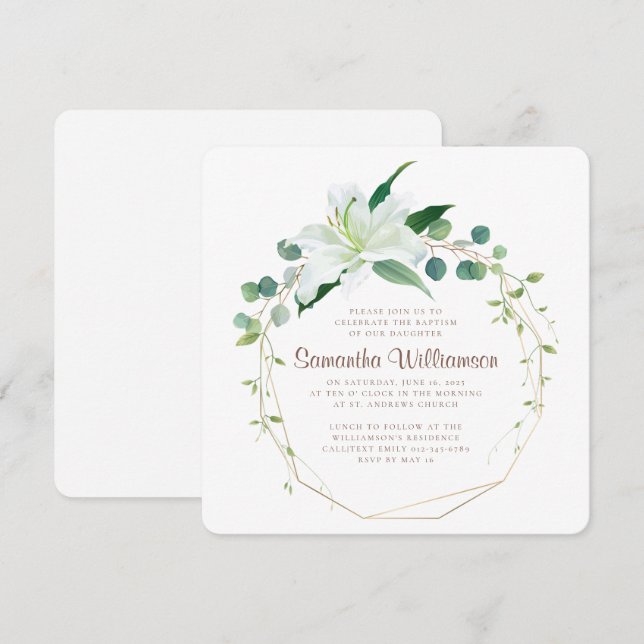 Invitación Bautismo para su flor blanca geométrica y moderna (Anverso / Reverso)