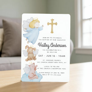 Invitación Bautismo Para Sus Ángeles De Acuarela Y Cruz