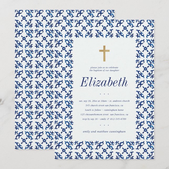 Invitación Bautismo para sus azulejos mediterráneos azules y  (Anverso / Reverso)