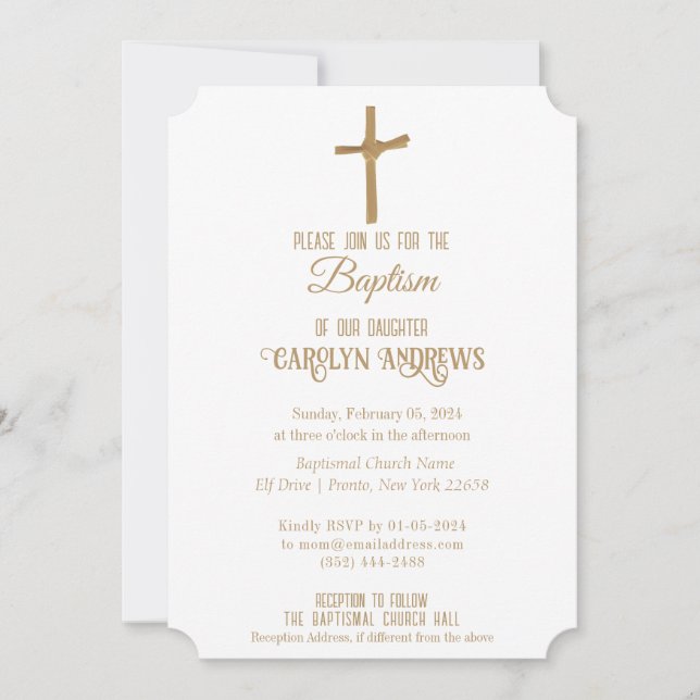 Invitación Bautismo personalizado de la cruz dorada, cristian (Anverso)