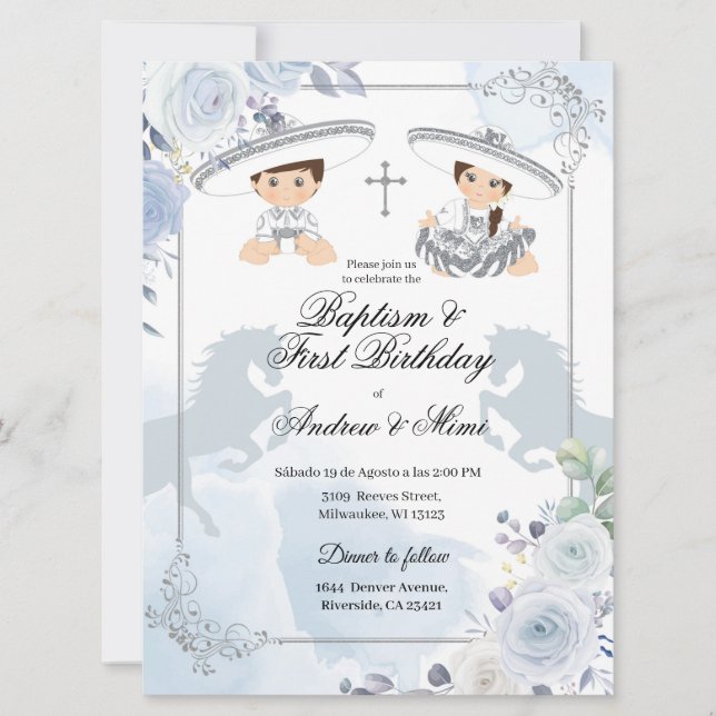 Invitación Bautismo plateado gemelo y cumpleaños mexicano (Anverso)