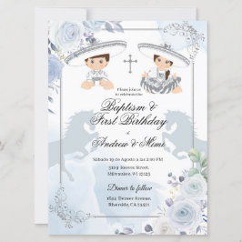 Invitación Bautismo plateado gemelo y cumpleaños mexicano