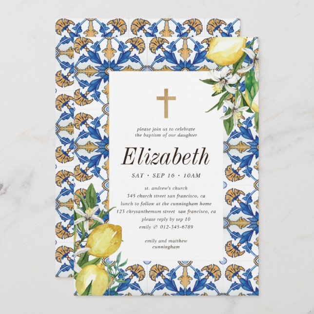 Invitación Bautismo Por Sus Azulejos Mediterráneos De Limón V (Anverso / Reverso)