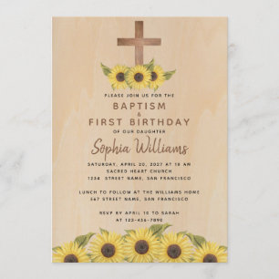 Invitación Bautismo Primer Cumpleaños Girasol Cruz de Madera 