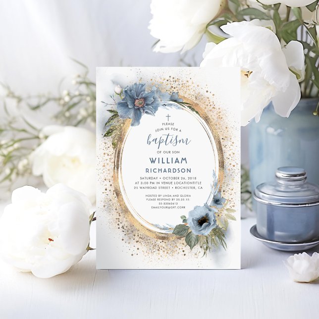 Invitación Bautismo Purpurina azul y dorado turbio (Dusty Blue Baptism Invitations for Boy)