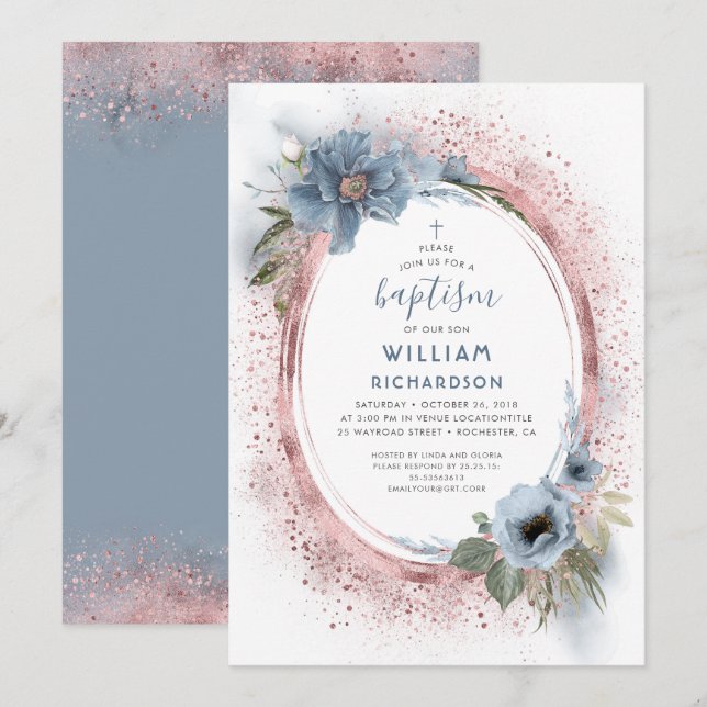 Invitación Bautismo Purpurina de oro azul y Rosa turbio (Anverso / Reverso)