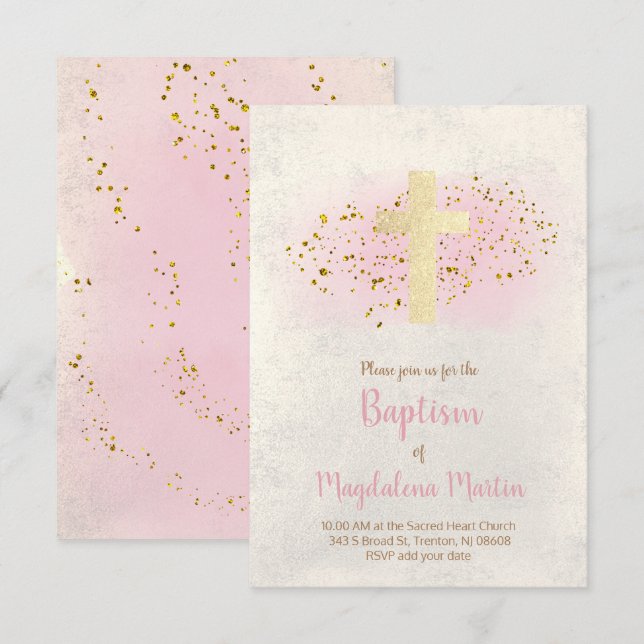 Invitación Bautismo | purpurina FAUX y acuarela rosa (Anverso / Reverso)