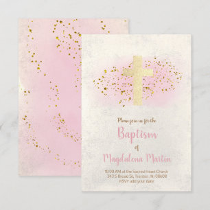 Invitación Bautismo   purpurina FAUX y acuarela rosa