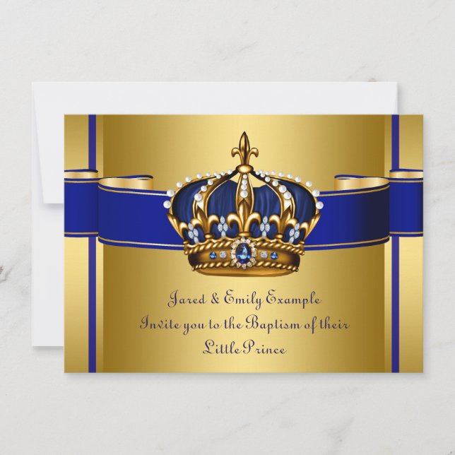 Invitación Bautismo real de príncipe azul y oro (Anverso)