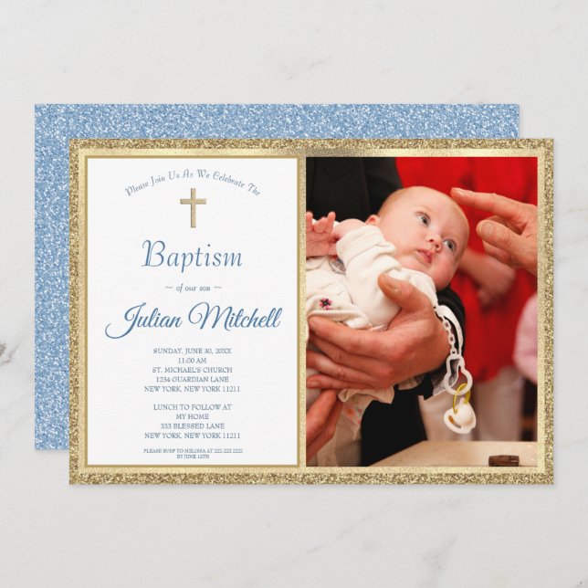 Invitación Bautismo religioso Christening Gold Blue Baby Boy (Anverso / Reverso)