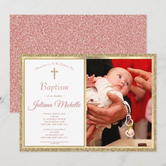 Invitación Bautismo religioso Christening Gold Pink Baby Girl (Anverso / Reverso)