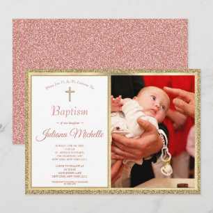 Invitación Bautismo religioso Christening Gold Pink Baby Girl