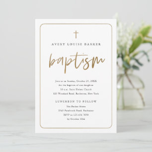 Invitación Bautismo religioso con escritura de oro moderna