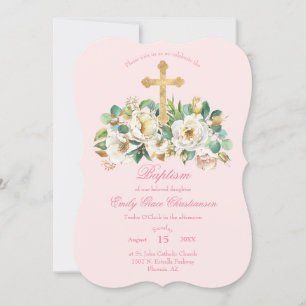 Invitación Bautismo rosa con flores blancas y cruz de oro