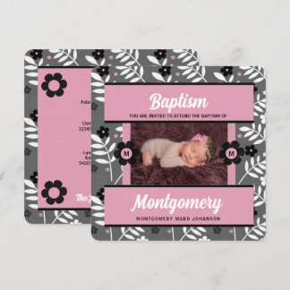 Invitación Bautismo rosa con foto monogramada de una niña