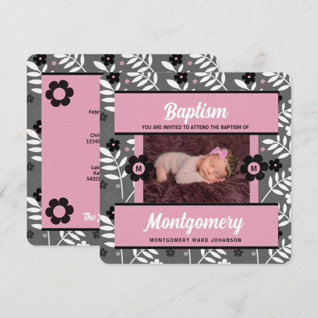 Invitación Bautismo rosa con foto monogramada de una niña (Anverso / Reverso)