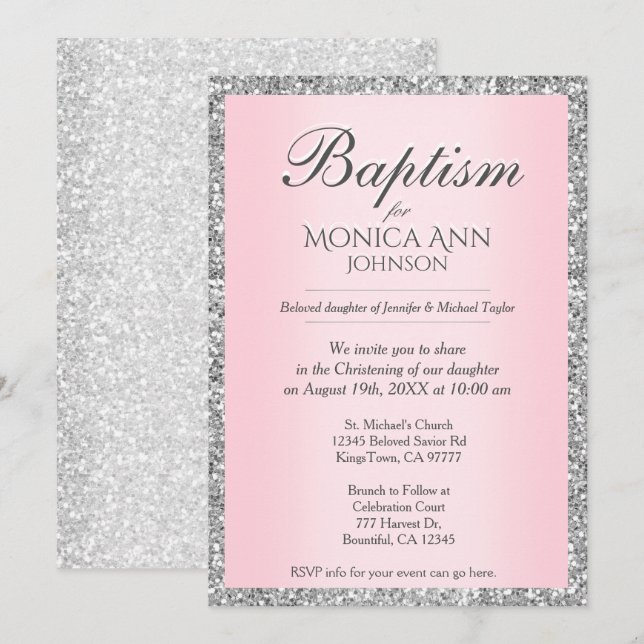 Invitación Bautismo | Rosa con Purpurina de imitación platead (Anverso / Reverso)