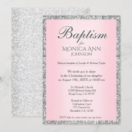 Invitación Bautismo | Rosa con Purpurina de imitación platead