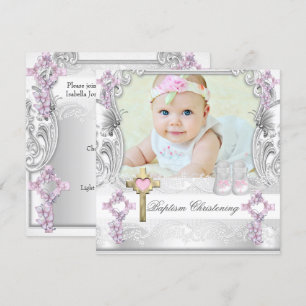 Invitación Bautismo Rosa Cruz Blanca Niña Foto Bautizo