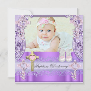 Invitación Bautismo Rosa Cruz Morada Niña Foto Bautizo