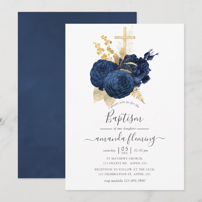 Invitación Bautismo Rosa de la Marina Azul y Oro (Anverso / Reverso)