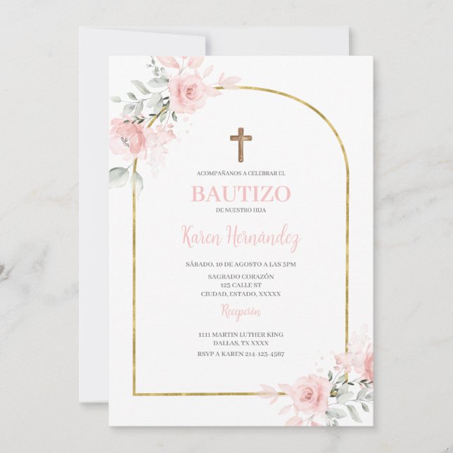 Invitación Bautismo rosa de Rubor en España (Anverso)