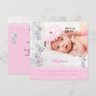 Invitación Bautismo Rosa Encaje Blanco Foto Mariposa Cruz Niñ