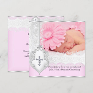 Invitación Bautismo Rosa Encaje Foto Joya Cruz Niña 3
