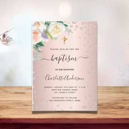 Invitación Bautismo rosa floral oro rosa chica elegante