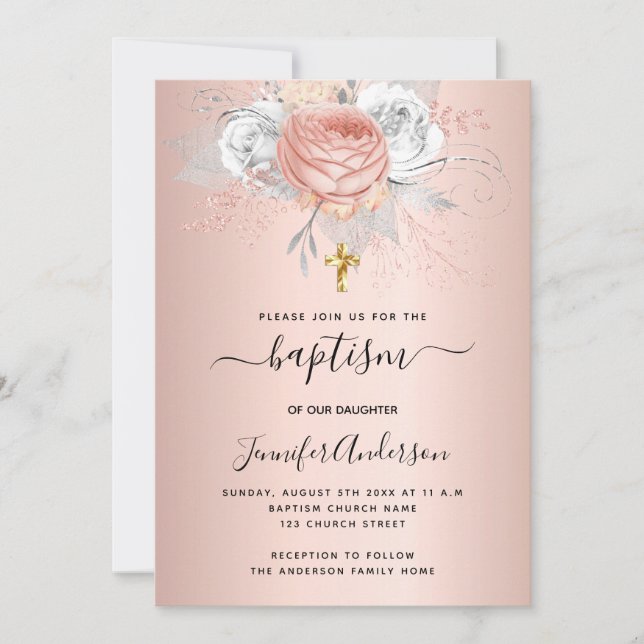 Invitación Bautismo rosa florales de oro chica elegante metal (Anverso)