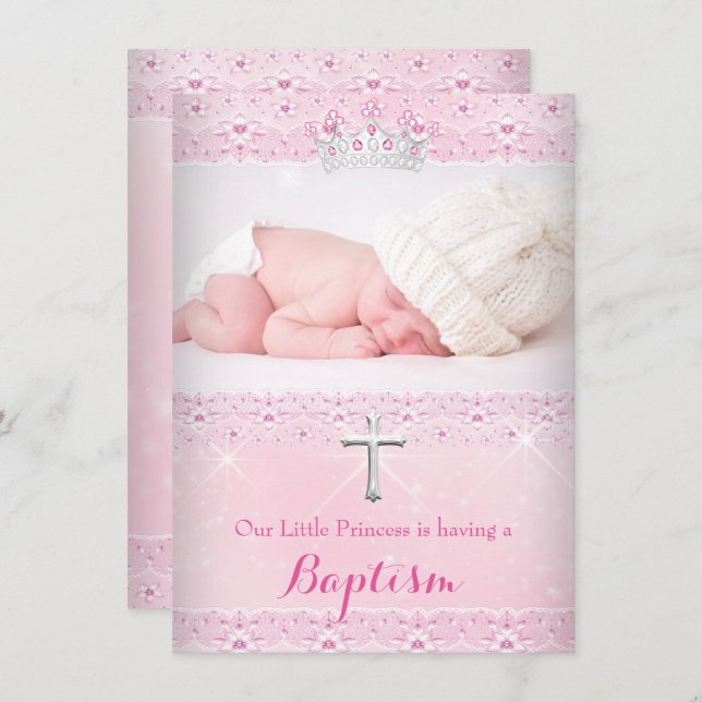 Invitación Bautismo rosa Foto de bebé del Chica Tiara (Anverso / Reverso)
