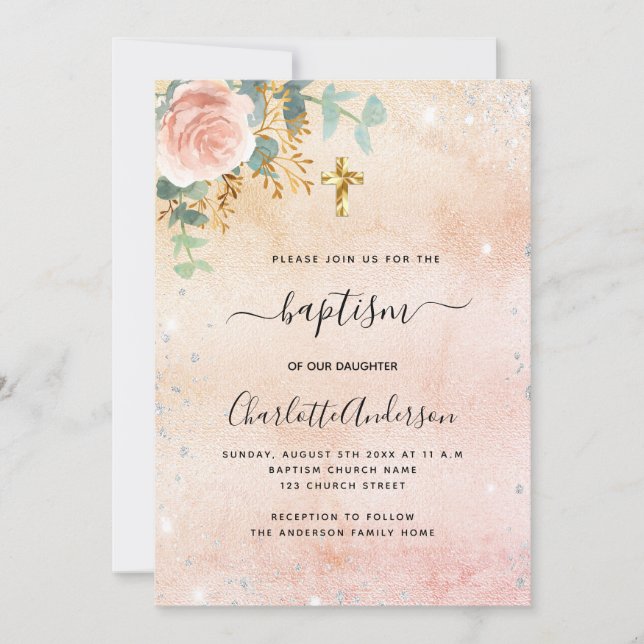 Invitación Bautismo rosa oro floral eucalipto brillo de plata (Anverso)