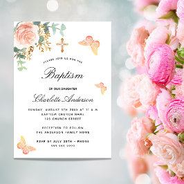 Invitación Bautismo rosa oro floral mariposa eucalipto