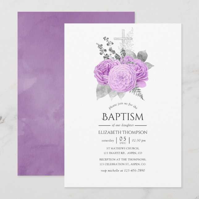 Invitación Bautismo Rosa púrpura y plateado pastel (Anverso / Reverso)