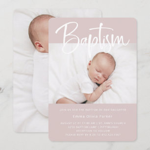 Invitación Bautismo  Rosa simple mínimo con dos fotos