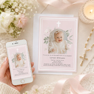 Invitación Bautismo Rosa Suave Foto arco de florales blancas