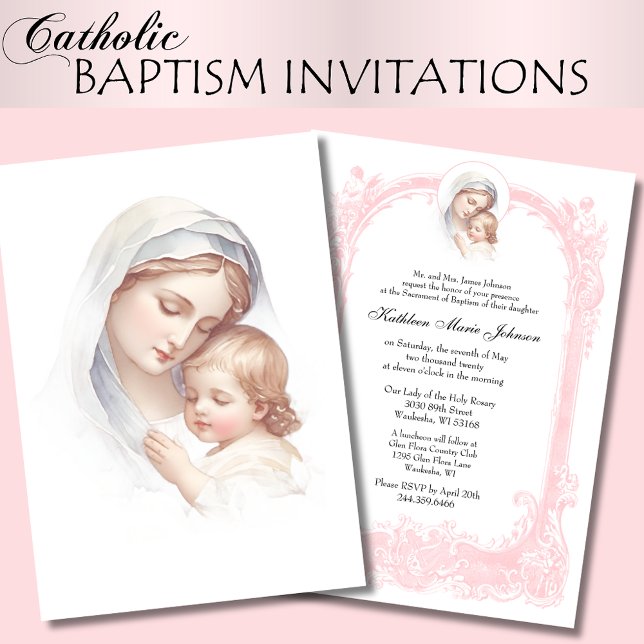 Invitación Bautismo rosado católico Cristiando a María Jesús (Subido por el creador)