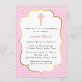 Invitación Bautismo rosado del lunar con la frontera de la