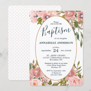 Invitación Bautismo rosado floral moderno del jardín del oro